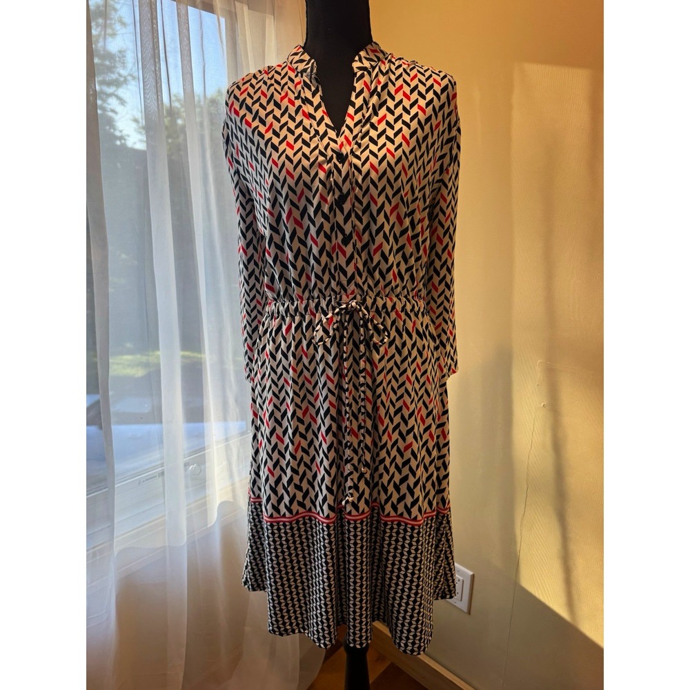 Robert Louis Geometric Shirt Dress Collared Button Tie Waist 3/4 Sleeve M